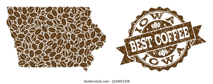 Compositions of coffee map of Iowa State and grunge stamp seal. Mosaic vector map of Iowa State is designed with coffee beans. Flat design elements for coffeeshop posters. Stamp contains rosette,