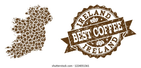 Compositions of coffee map of Ireland Island and grunge stamp seal. Mosaic vector map of Ireland Island is designed with coffee beans. Flat design elements for coffeeshop illustrations.