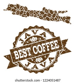 Compositions of coffee map of Java Island and grunge stamp seal. Mosaic vector map of Java Island is composed with coffee beans. Abstract design elements for cafeteria illustrations.
