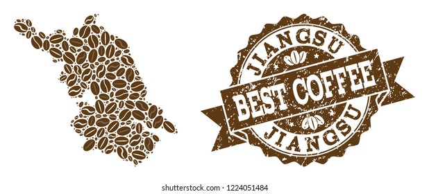 Compositions of coffee Map of Jiangsu Province and grunge stamp seal. Mosaic vector Map of Jiangsu Province is created with coffee beans. Flat design elements for cafe applications.
