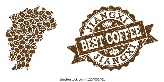 Compositions of coffee Map of Jiangxi Province and grunge stamp seal. Mosaic vector Map of Jiangxi Province is created with coffee beans. Abstract design elements for cafeteria projects.