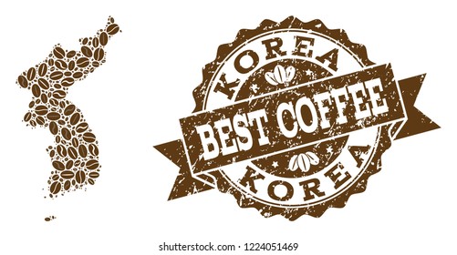 Compositions of coffee map of Korea and grunge stamp seal. Mosaic vector map of Korea is designed with coffee beans. Abstract design elements for cafe wallpapers. Stamp contains rosette, ribbon,