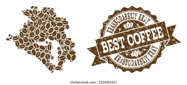 Compositions of coffee map of Krasnodarskiy Kray and grunge stamp seal. Mosaic vector map of Krasnodarskiy Kray is designed with coffee beans. Flat design elements for cafe wallpapers.