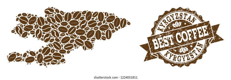 Compositions of coffee map of Kyrgyzstan and grunge stamp seal. Mosaic vector map of Kyrgyzstan is formed with coffee beans. Flat design elements for cafe projects. Stamp contains rosette, ribbon,