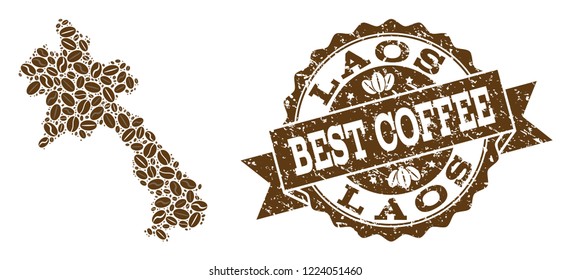 Compositions of coffee map of Laos and grunge stamp seal. Mosaic vector map of Laos is formed with coffee beans. Abstract design elements for cafe purposes. Stamp contains rosette, ribbon, circle,