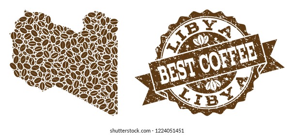 Compositions of coffee map of Libya and grunge stamp seal. Mosaic vector map of Libya is formed with coffee beans. Flat design elements for cafe advertisement. Stamp contains rosette, ribbon, circle,