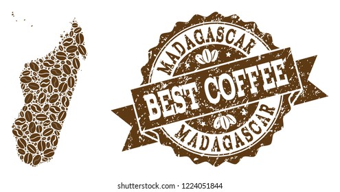 Compositions of coffee map of Madagascar Island and grunge stamp seal. Mosaic vector map of Madagascar Island is composed with coffee beans. Flat design elements for cafe projects.