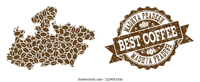 Compositions of coffee map of Madhya Pradesh State and grunge stamp seal. Mosaic vector map of Madhya Pradesh State is formed with coffee beans. Flat design elements for cafeteria illustrations.