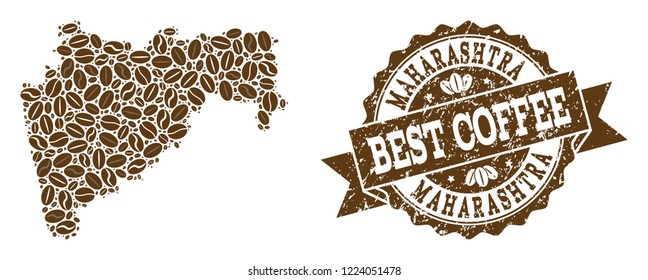 Compositions of coffee map of Maharashtra State and grunge stamp seal. Mosaic vector map of Maharashtra State is formed with coffee beans. Flat design elements for cafeteria applications.