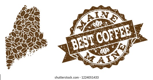 Compositions of coffee map of Maine State and grunge stamp seal. Mosaic vector map of Maine State is designed with coffee beans. Abstract design elements for coffeeshop advertisement.