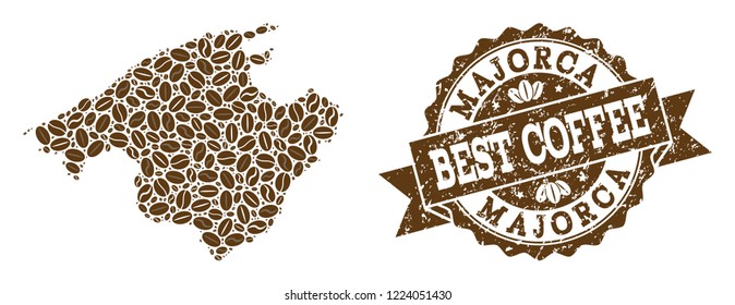 Compositions of coffee map of Majorca and grunge stamp seal. Mosaic vector map of Majorca is composed with coffee beans. Abstract design elements for cafeteria wallpapers. Stamp contains rosette,