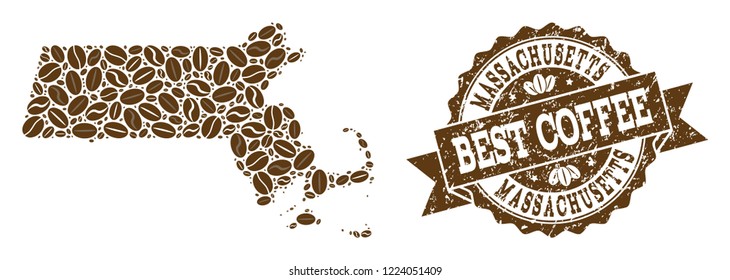Compositions of coffee map of Massachusetts State and grunge stamp seal. Mosaic vector map of Massachusetts State is designed with coffee beans. Flat design elements for cafeteria projects.