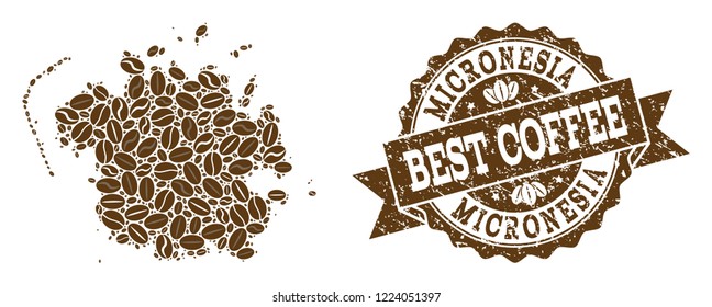 Compositions of coffee map of Micronesia island and grunge stamp seal. Mosaic vector map of Micronesia island is formed with coffee beans. Flat design elements for cafe illustrations.
