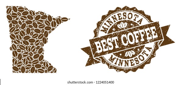 Compositions of coffee map of Minnesota State and grunge stamp seal. Mosaic vector map of Minnesota State is formed with coffee beans. Flat design elements for coffeeshop applications.