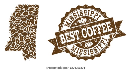 Compositions of coffee map of Mississippi State and grunge stamp seal. Mosaic vector map of Mississippi State is formed with coffee beans. Flat design elements for cafeteria advertisement.