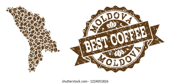 Compositions of coffee map of Moldova and grunge stamp seal. Mosaic vector map of Moldova is created with coffee beans. Flat design elements for coffeeshop posters. Stamp contains rosette, ribbon,
