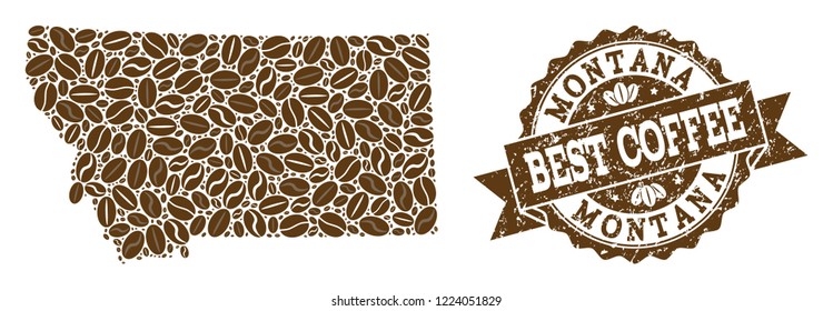 Compositions of coffee map of Montana State and grunge stamp seal. Mosaic vector map of Montana State is created with coffee beans. Flat design elements for cafeteria applications.