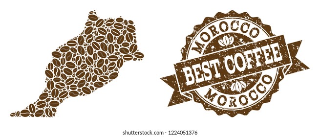 Compositions of coffee map of Morocco and grunge stamp seal. Mosaic vector map of Morocco is composed with coffee beans. Flat design elements for cafe advertisement. Stamp contains rosette, ribbon,