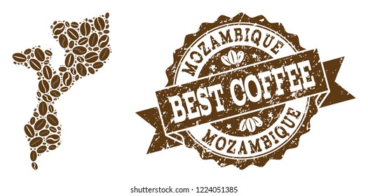 Compositions of coffee map of Mozambique and grunge stamp seal. Mosaic vector map of Mozambique is created with coffee beans. Flat design elements for coffeeshop advertisement. Stamp contains rosette,
