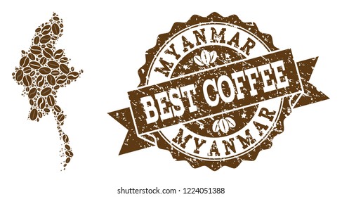 Compositions of coffee map of Myanmar and grunge stamp seal. Mosaic vector map of Myanmar is formed with coffee beans. Abstract design elements for coffeeshop wallpapers. Stamp contains rosette,