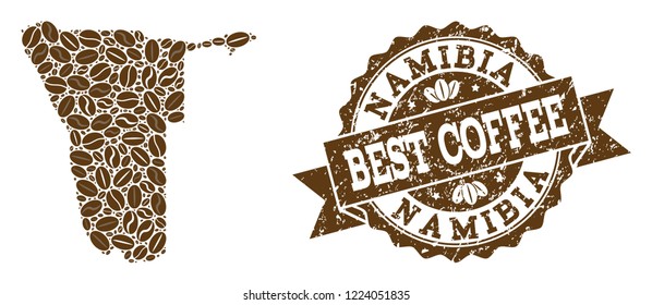 Compositions of coffee map of Namibia and grunge stamp seal. Mosaic vector map of Namibia is composed with coffee beans. Flat design elements for cafeteria illustrations. Stamp contains rosette,
