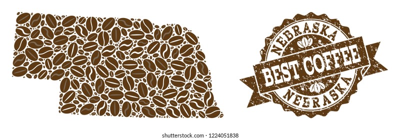 Compositions of coffee map of Nebraska State and grunge stamp seal. Mosaic vector map of Nebraska State is created with coffee beans. Flat design elements for coffeeshop wallpapers.