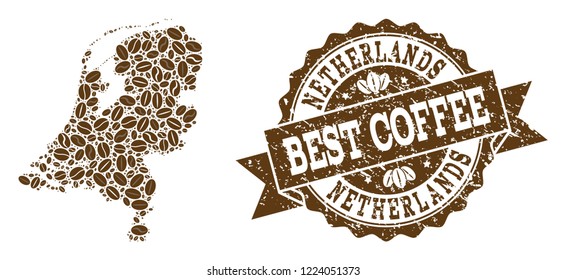 Compositions of coffee map of Netherlands and grunge stamp seal. Mosaic vector map of Netherlands is designed with coffee beans. Abstract design elements for cafeteria illustrations.