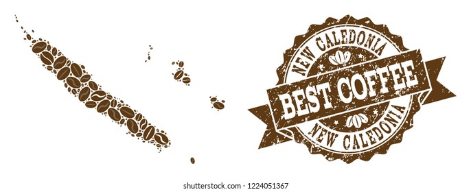 Compositions of coffee map of New Caledonia and grunge stamp seal. Mosaic vector map of New Caledonia is designed with coffee beans. Flat design elements for cafe posters. Stamp contains rosette,