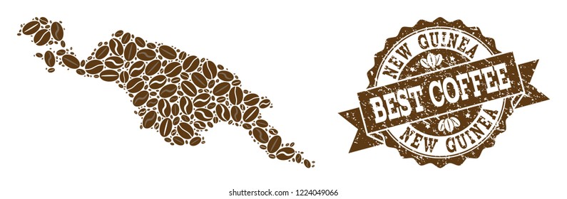 Compositions of coffee map of New Guinea Island and grunge stamp seal. Mosaic vector map of New Guinea Island is composed with coffee beans. Abstract design elements for cafe advertisement.