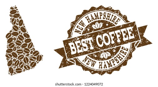 Compositions of coffee map of New Hampshire State and grunge stamp seal. Mosaic vector map of New Hampshire State is composed with coffee beans. Flat design elements for cafeteria applications.