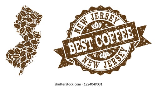 Compositions of coffee map of New Jersey State and grunge stamp seal. Mosaic vector map of New Jersey State is created with coffee beans. Abstract design elements for coffeeshop posters.