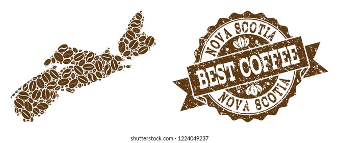 Compositions of coffee map of Nova Scotia Province and grunge stamp seal. Mosaic vector map of Nova Scotia Province is created with coffee beans. Flat design elements for cafe advertisement.