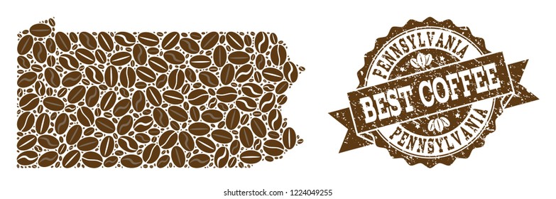 Compositions of coffee map of Pennsylvania State and grunge stamp seal. Mosaic vector map of Pennsylvania State is composed with coffee beans. Flat design elements for coffeeshop projects.