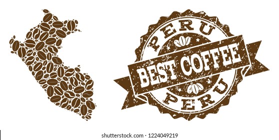 Compositions of coffee map of Peru and grunge stamp seal. Mosaic vector map of Peru is created with coffee beans. Abstract design elements for coffeeshop posters. Stamp contains rosette, ribbon,