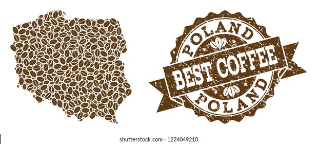 Compositions of coffee map of Poland and grunge stamp seal. Mosaic vector map of Poland is designed with coffee beans. Abstract design elements for cafeteria advertisement. Stamp contains rosette,