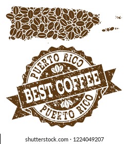 Compositions of coffee map of Puerto Rico and grunge stamp seal. Mosaic vector map of Puerto Rico is formed with coffee beans. Abstract design elements for cafe wallpapers. Stamp contains rosette,