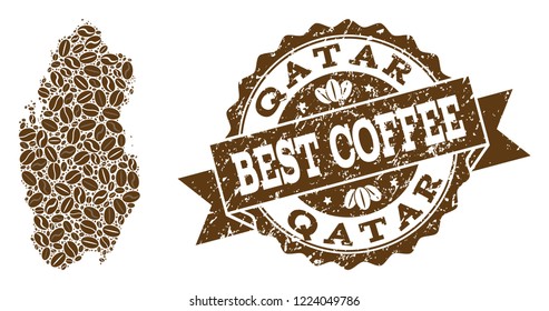 Compositions of coffee map of Qatar and grunge stamp seal. Mosaic vector map of Qatar is designed with coffee beans. Abstract design elements for cafeteria wallpapers. Stamp contains rosette, ribbon,