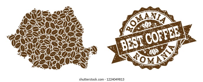 Compositions of coffee map of Romania and grunge stamp seal. Mosaic vector map of Romania is designed with coffee beans. Flat design elements for cafe applications. Stamp contains rosette, ribbon,