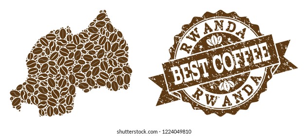 Compositions of coffee map of Rwanda and grunge stamp seal. Mosaic vector map of Rwanda is composed with coffee beans. Flat design elements for coffeeshop projects. Stamp contains rosette, ribbon,