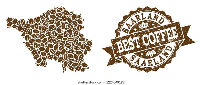 Compositions of coffee map of Saarland State and grunge stamp seal. Mosaic vector map of Saarland State is formed with coffee beans. Flat design elements for cafe projects. Stamp contains rosette,