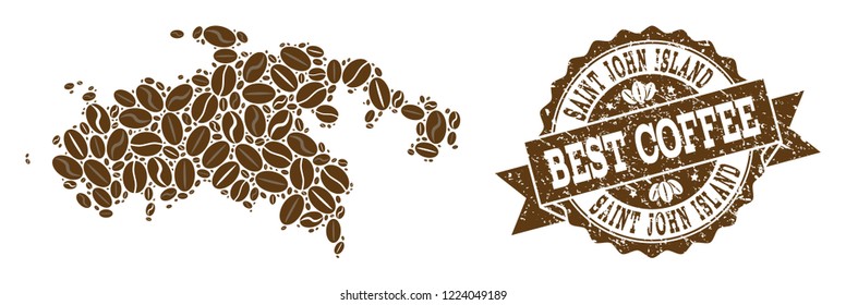 Compositions of coffee map of Saint John Island and grunge stamp seal. Mosaic vector map of Saint John Island is formed with coffee beans. Flat design elements for cafe wallpapers.