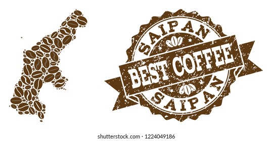 Compositions of coffee map of Saipan Island and grunge stamp seal. Mosaic vector map of Saipan Island is created with coffee beans. Flat design elements for coffeeshop posters. Stamp contains rosette,
