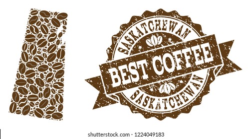 Compositions of coffee map of Saskatchewan Province and grunge stamp seal. Mosaic vector map of Saskatchewan Province is formed with coffee beans. Abstract design elements for cafe applications.