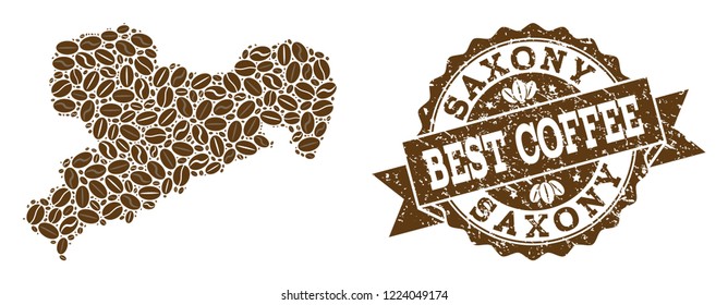 Compositions of coffee map of Saxony State and grunge stamp seal. Mosaic vector map of Saxony State is created with coffee beans. Abstract design elements for coffeeshop applications.