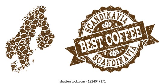 Compositions of coffee map of Scandinavia and grunge stamp seal. Mosaic vector map of Scandinavia is formed with coffee beans. Flat design elements for coffeeshop advertisement.
