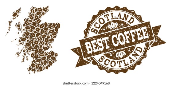 Compositions of coffee map of Scotland and grunge stamp seal. Mosaic vector map of Scotland is composed with coffee beans. Abstract design elements for cafe projects. Stamp contains rosette, ribbon,