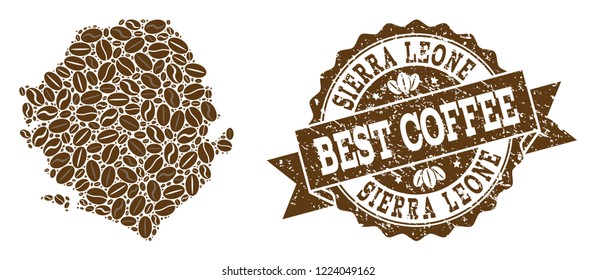 Compositions of coffee map of Sierra Leone and grunge stamp seal. Mosaic vector map of Sierra Leone is designed with coffee beans. Abstract design elements for cafeteria purposes.