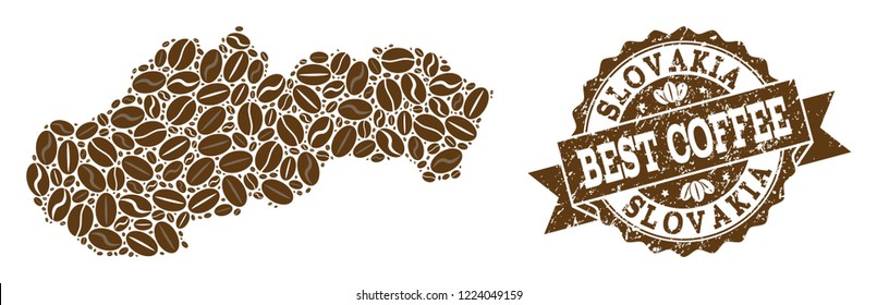 Compositions of coffee map of Slovakia and grunge stamp seal. Mosaic vector map of Slovakia is formed with coffee beans. Flat design elements for coffeeshop projects. Stamp contains rosette, ribbon,