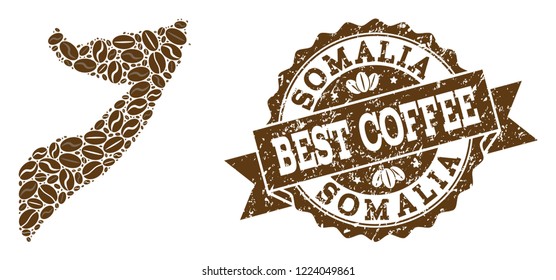 Compositions of coffee map of Somalia and grunge stamp seal. Mosaic vector map of Somalia is composed with coffee beans. Flat design elements for coffeeshop posters. Stamp contains rosette, ribbon,