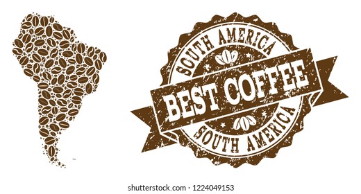 Compositions of coffee map of South America and grunge stamp seal. Mosaic vector map of South America is created with coffee beans. Abstract design elements for coffeeshop wallpapers.